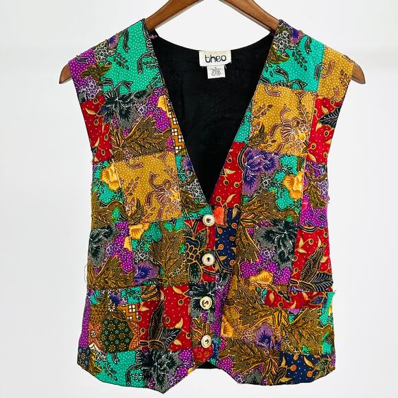 90s Theo Bright Batik Patchwork Beaded Vest Festival Indian Boho Cotton Vest - Picture 1 of 6